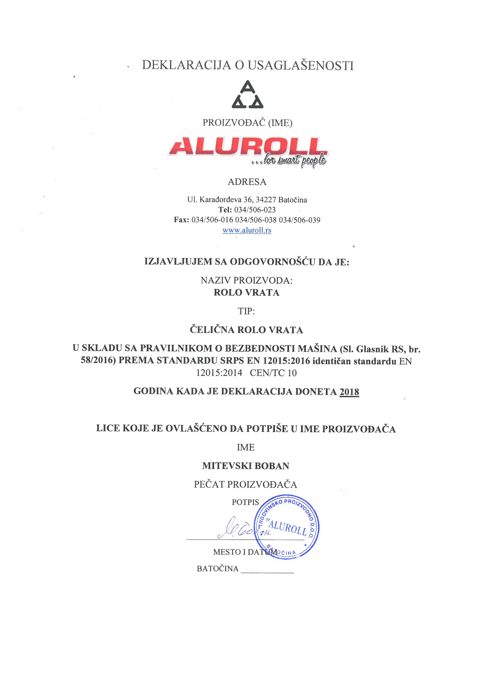 CE serifikati za rolo vrata Aluroll