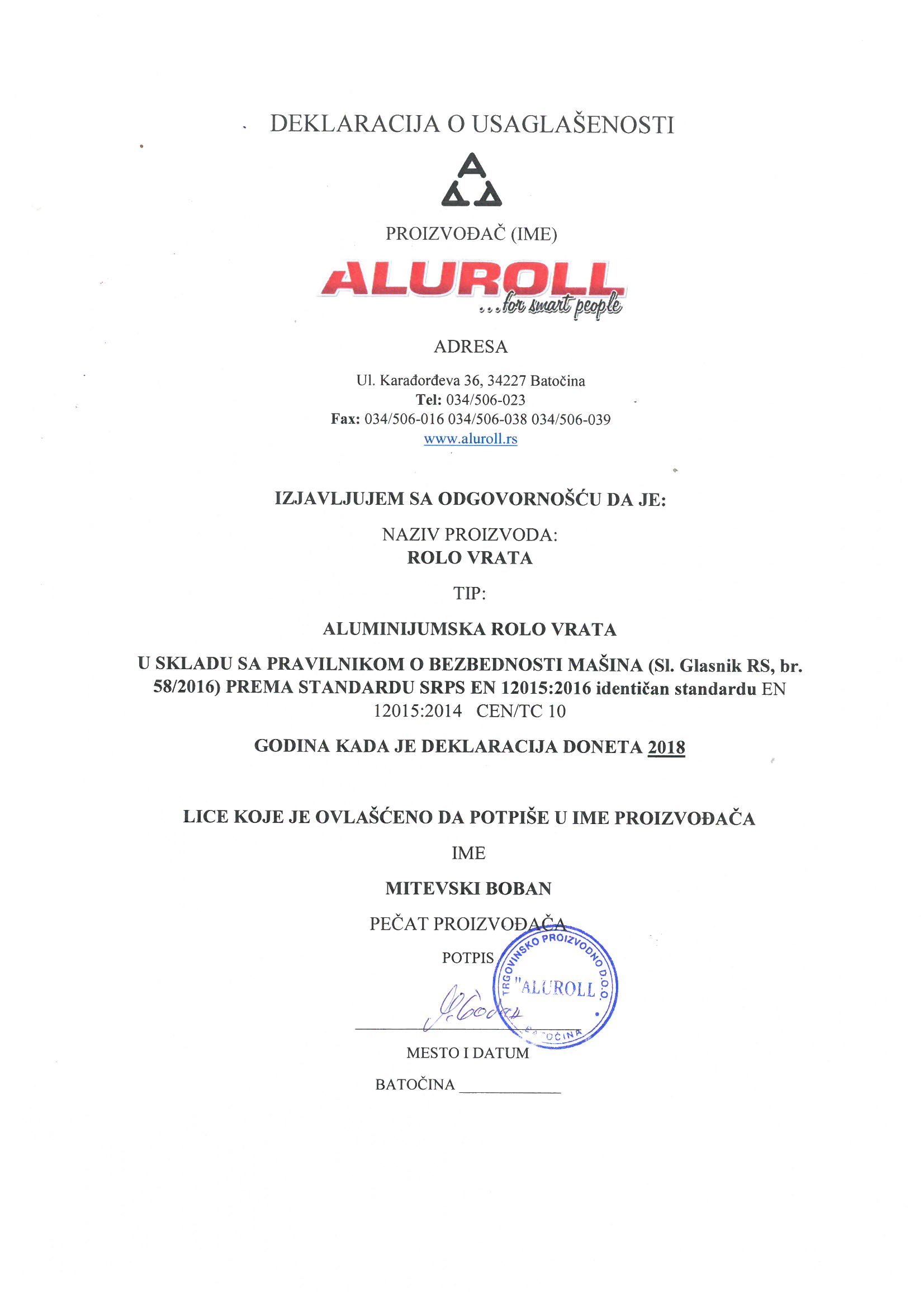 CE Sertifikati za rolo vrata Aluroll